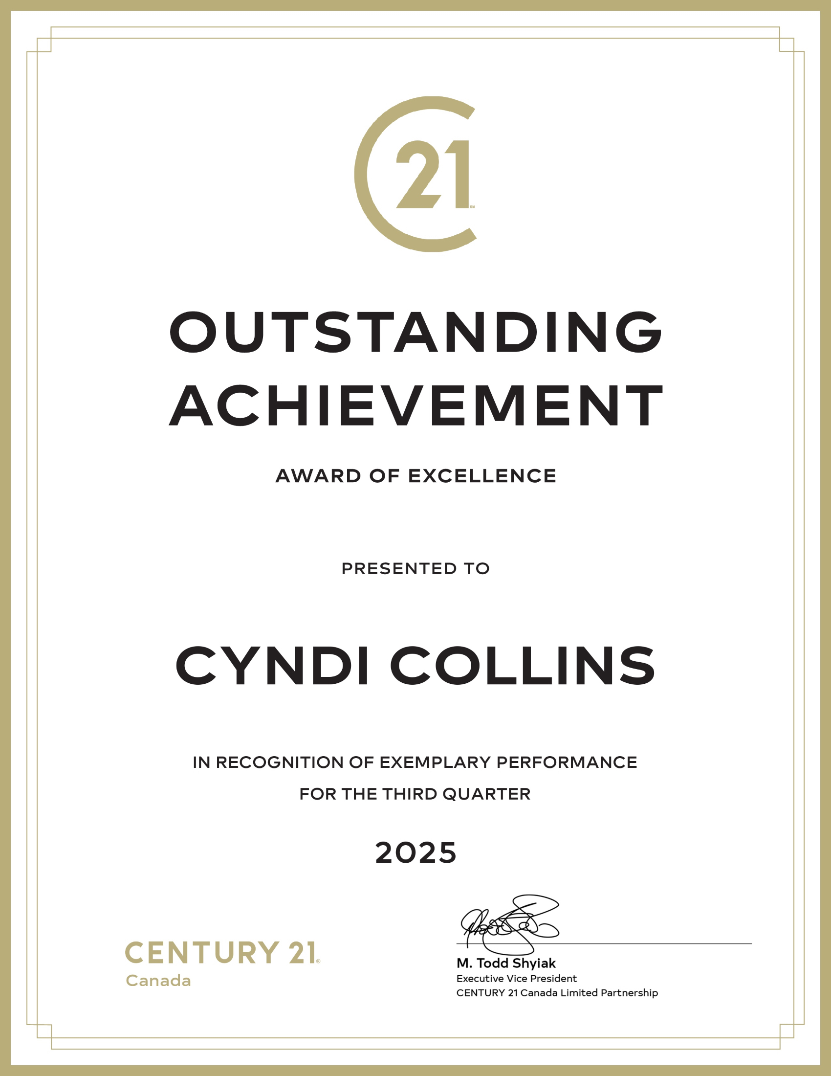 In Recognition of Exemplary Performance